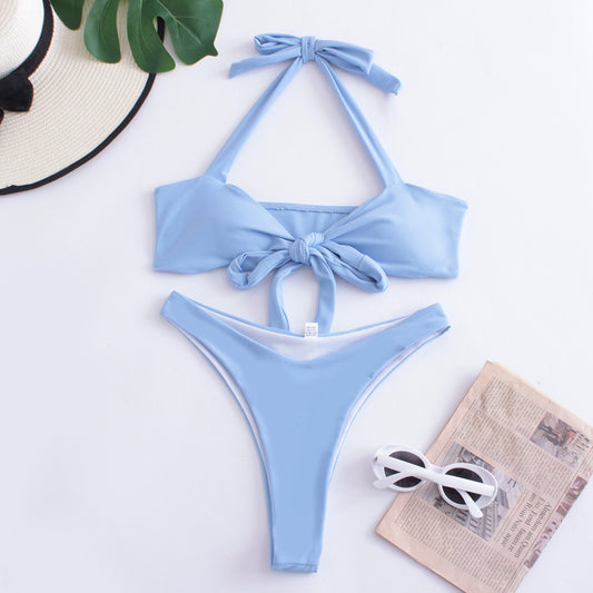 Traje de baño de bikini dividido para mujer, bañador de nailon de color sólido fruncido