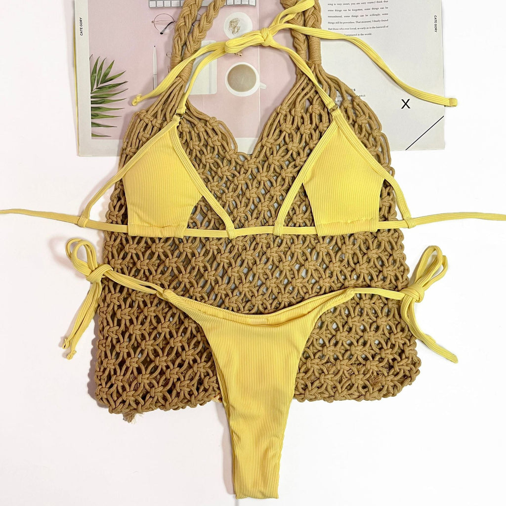 Swimsuit Special Fabric Sunken Stripe Strap Sexy Three Piece Suit Bikini Swimsuit Women Summer Feeling