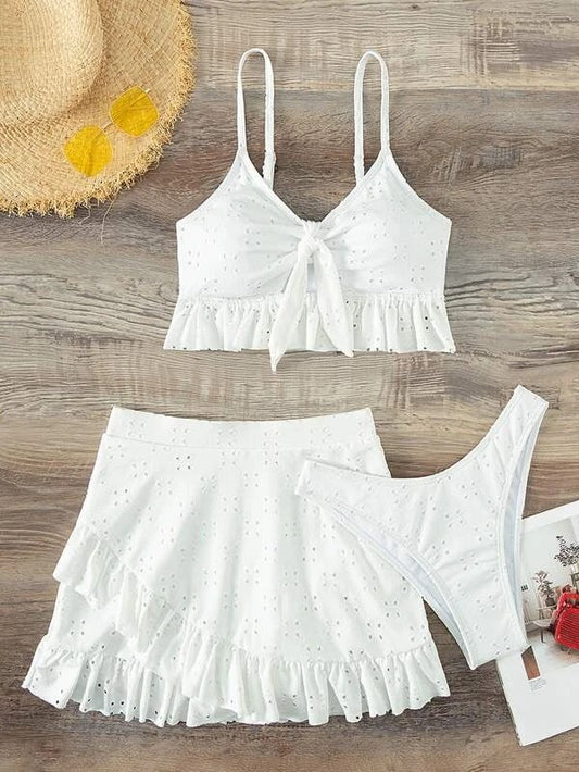 Traje de baño de bikini de tres piezas con tirantes finos y corte conservador para mujer