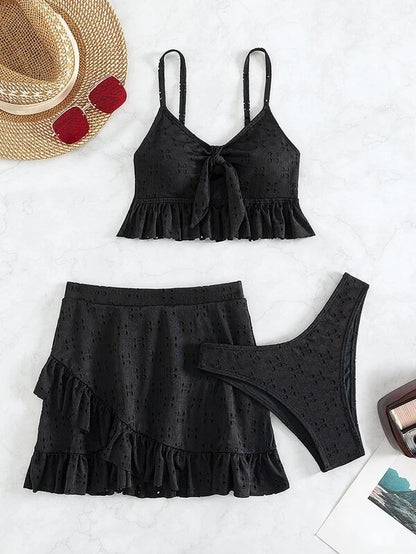 Traje de baño de bikini de tres piezas con tirantes finos y corte conservador para mujer