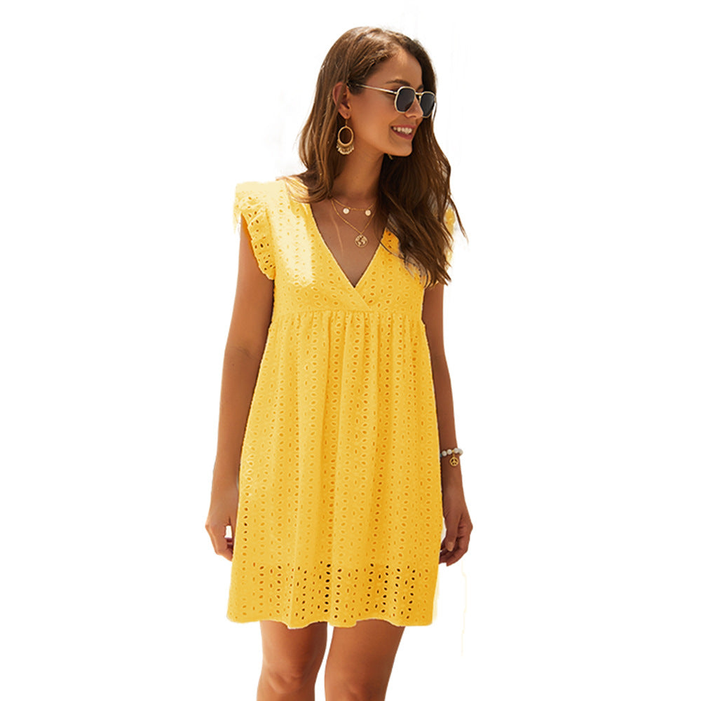 Office Women Clothing Summer V-neck Short SleeveLace Midi Dress Eyelet Embroidery CKK