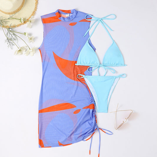 Traje de baño dividido con estampado sexy plisado y cordones, bikini de tres piezas para mujer