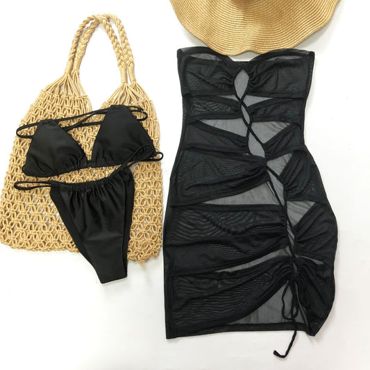 Traje de baño sexy con cordones y vendaje de color sólido para mujer, conjunto de bikini de tres piezas