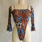 Leopard Print Mesh One-Piece Swimsuit Sleeved Swimwear New Sexy Bikini