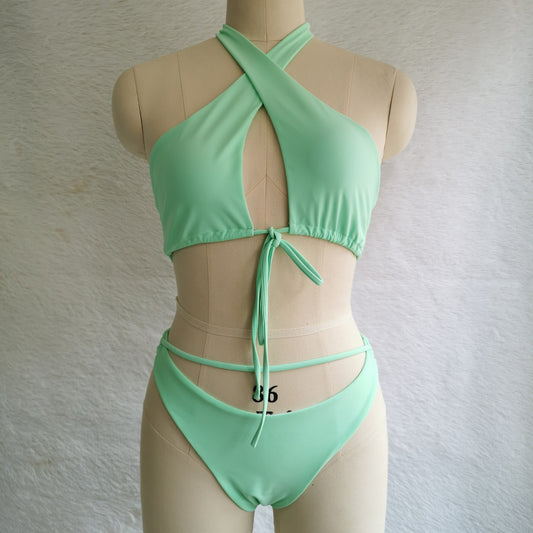 Bikini de cuello halter cruzado con tiras divididas, traje de baño sexy, traje de baño de color liso