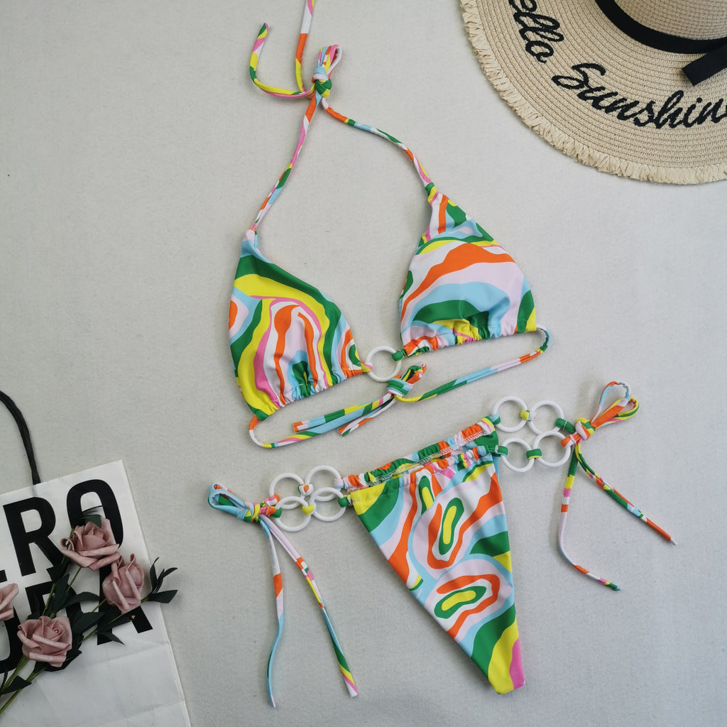 Nouveau maillot de bain sexy bikini multicolore imprimé numérique à lacets triangle