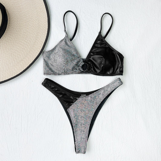Women Swimsuit Sexy Silver Black Stitching Split Bikini Bikini