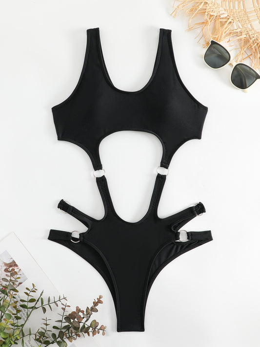 Women Solid Color Ring One Piece Swimsuit Sexy Bikini