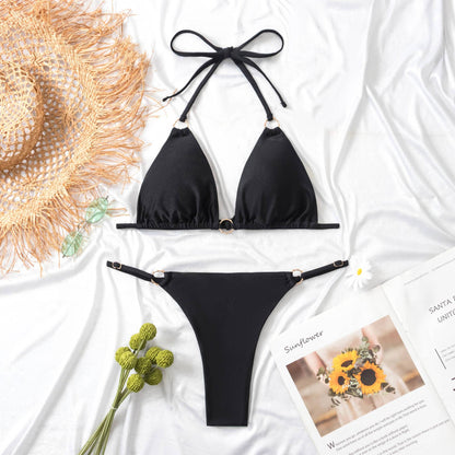 Traje de baño para mujer, bikini sexy de nailon brillante, con abertura.