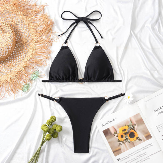 Traje de baño para mujer, bikini sexy de nailon brillante, con abertura.