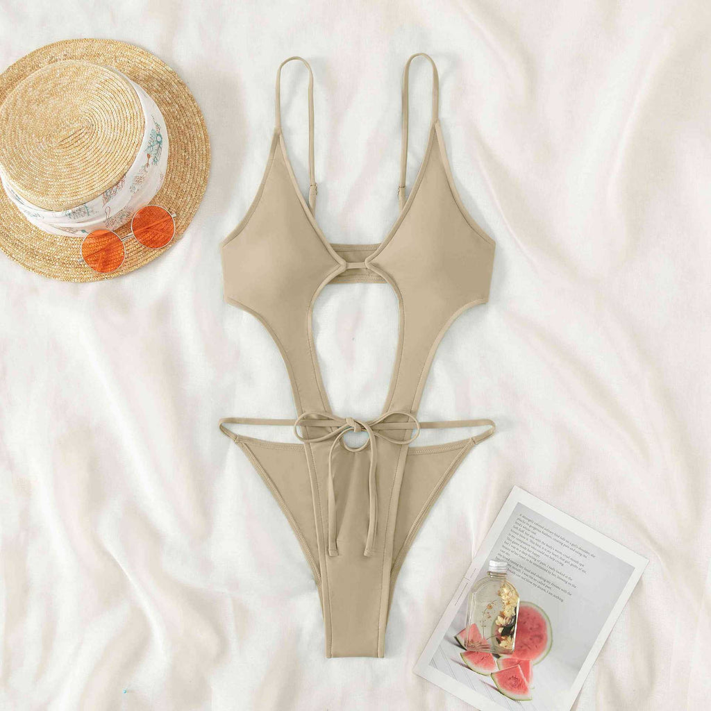 Maillot de bain une pièce couleur unie sexy à fente haute pour femme