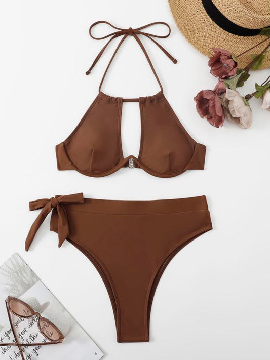 Traje de baño de verano para mujer, color sólido, dividido, bikini.