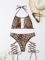 Women Bikini Leopard Print Lace up Split Swimsuit Fantastic