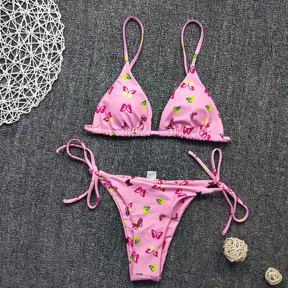 Color Blooming Printed Bikini Sexy Lace up Double Sided Fabric Women Swimsuit Bikini FallowDeer