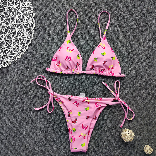 Bikini con estampado floral de color, sexy, con cordones y tejido de doble cara, para mujer