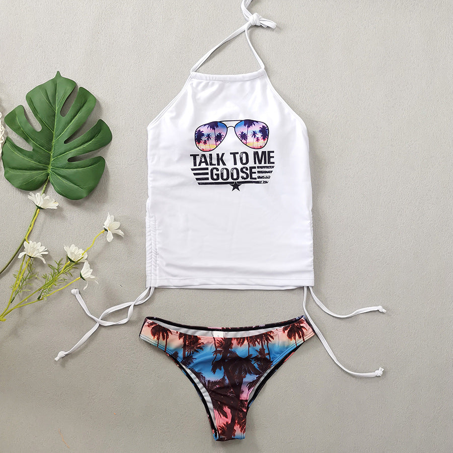 Maillot de bain à lacets imprimé cocotiers, bikini conservateur couvrant le ventre pour femme