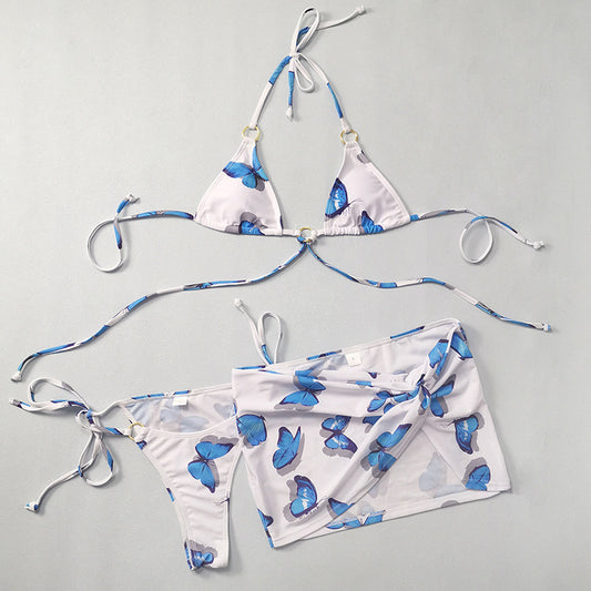 Conjunto de bikini de tres piezas con estampado de mariposas y anillos para mujer para playa