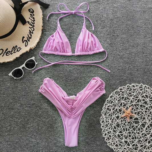 Bikini sexy plisado de color sólido para mujer, traje de baño separado, bikini