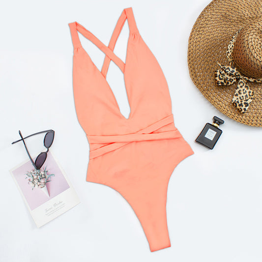 Traje de baño de escote en V profundo para mujer, traje de baño de color sólido, bikini