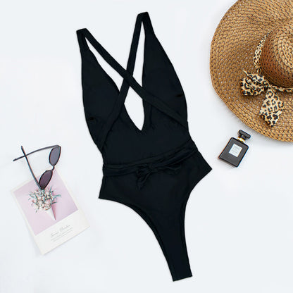 Traje de baño de escote en V profundo para mujer, traje de baño de color sólido, bikini