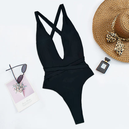 Traje de baño de escote en V profundo para mujer, traje de baño de color sólido, bikini