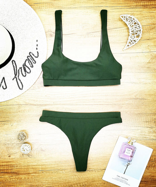 Traje de baño de bikini sexy dividido para mujer, color sólido, sexy, sin espalda