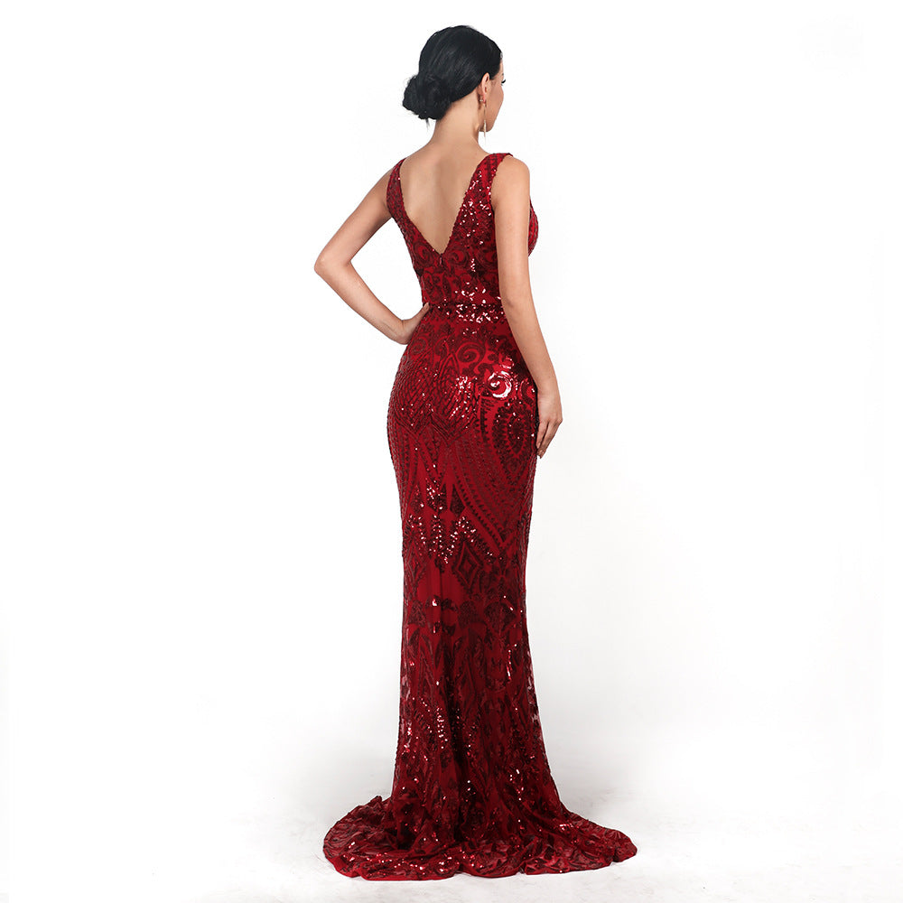 Robe de soirée sexy pour femme, col en V, sans manches, paillettes, motif géométrique abstrait, vintage, dos nu, élégante, longue, réfléchissante, robe formelle