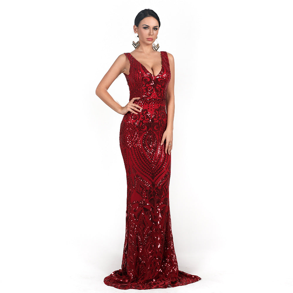 Robe de soirée sexy pour femme, col en V, sans manches, paillettes, motif géométrique abstrait, vintage, dos nu, élégante, longue, réfléchissante, robe formelle