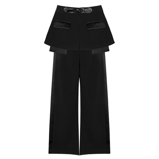 Ensemble deux pièces pour femme : jupe courte, ceinture en cuir, pantalon de travail à taille haute et jambes larges.