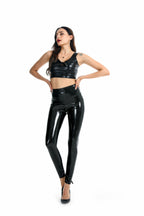 Leggings adhésifs à effet miroir, taille haute, en similicuir, nacrés, colorés, rouges et noirs, pantalon pour femme