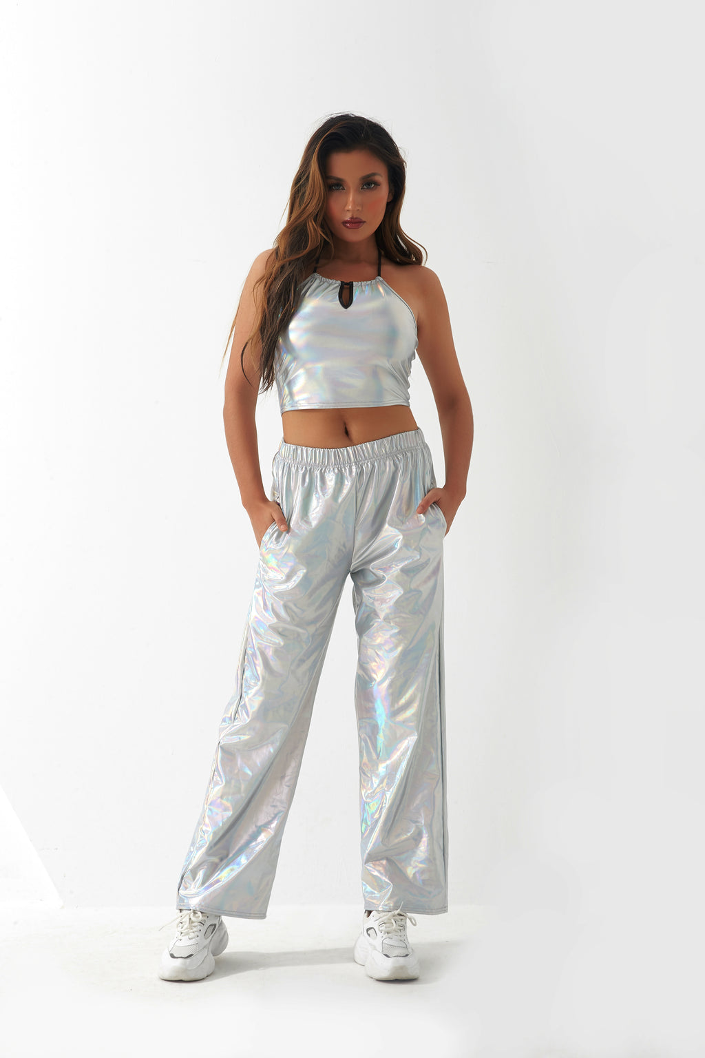 Pantalones casuales de tela con revestimiento metálico para mujer, diseño de calle, pantalones rectos de cintura alta con degradado láser Aurora, pantalones elásticos a juego.