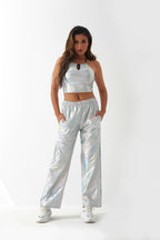 Pantalones casuales de tela con revestimiento metálico para mujer, diseño de calle, pantalones rectos de cintura alta con degradado láser Aurora, pantalones elásticos a juego.
