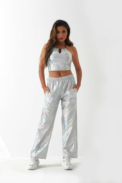Pantalones casuales de tela con revestimiento metálico para mujer, diseño de calle, pantalones rectos de cintura alta con degradado láser Aurora, pantalones elásticos a juego.
