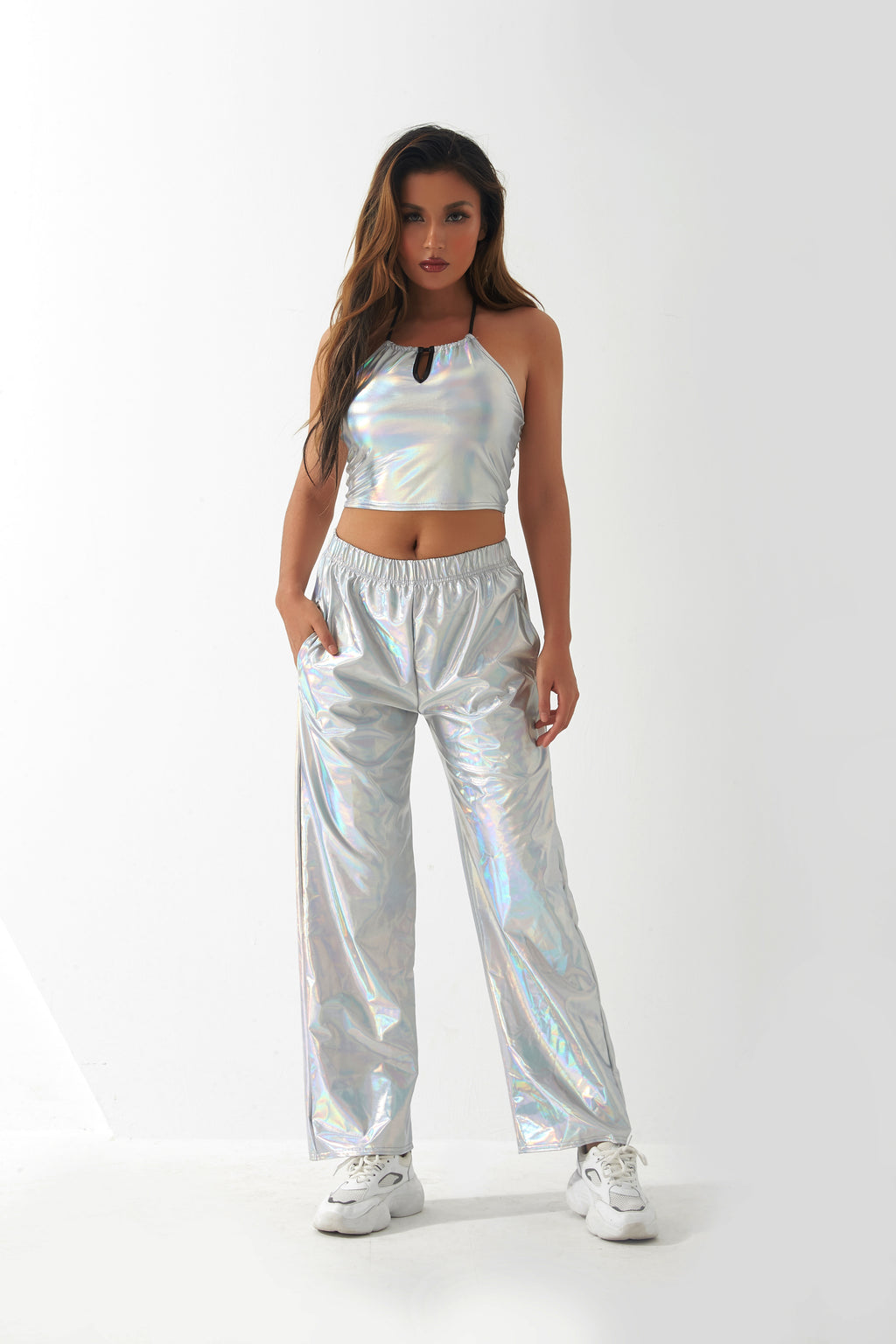 Pantalones casuales de tela con revestimiento metálico para mujer, diseño de calle, pantalones rectos de cintura alta con degradado láser Aurora, pantalones elásticos a juego.
