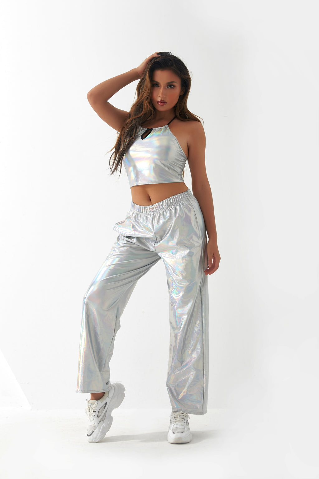 Pantalones casuales de tela con revestimiento metálico para mujer, diseño de calle, pantalones rectos de cintura alta con degradado láser Aurora, pantalones elásticos a juego.