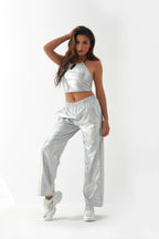 Pantalones casuales de tela con revestimiento metálico para mujer, diseño de calle, pantalones rectos de cintura alta con degradado láser Aurora, pantalones elásticos a juego.