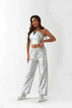 Pantalones casuales de tela con revestimiento metálico para mujer, diseño de calle, pantalones rectos de cintura alta con degradado láser Aurora, pantalones elásticos a juego.