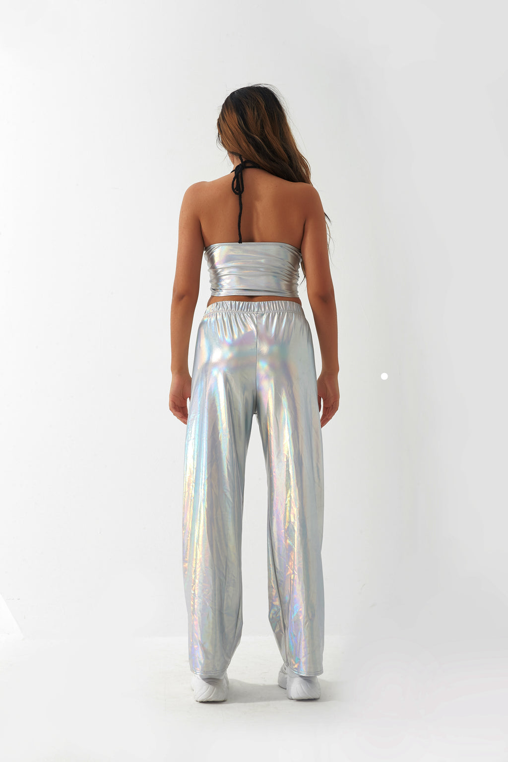 Pantalones casuales de tela con revestimiento metálico para mujer, diseño de calle, pantalones rectos de cintura alta con degradado láser Aurora, pantalones elásticos a juego.