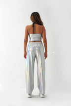 Pantalones casuales de tela con revestimiento metálico para mujer, diseño de calle, pantalones rectos de cintura alta con degradado láser Aurora, pantalones elásticos a juego.