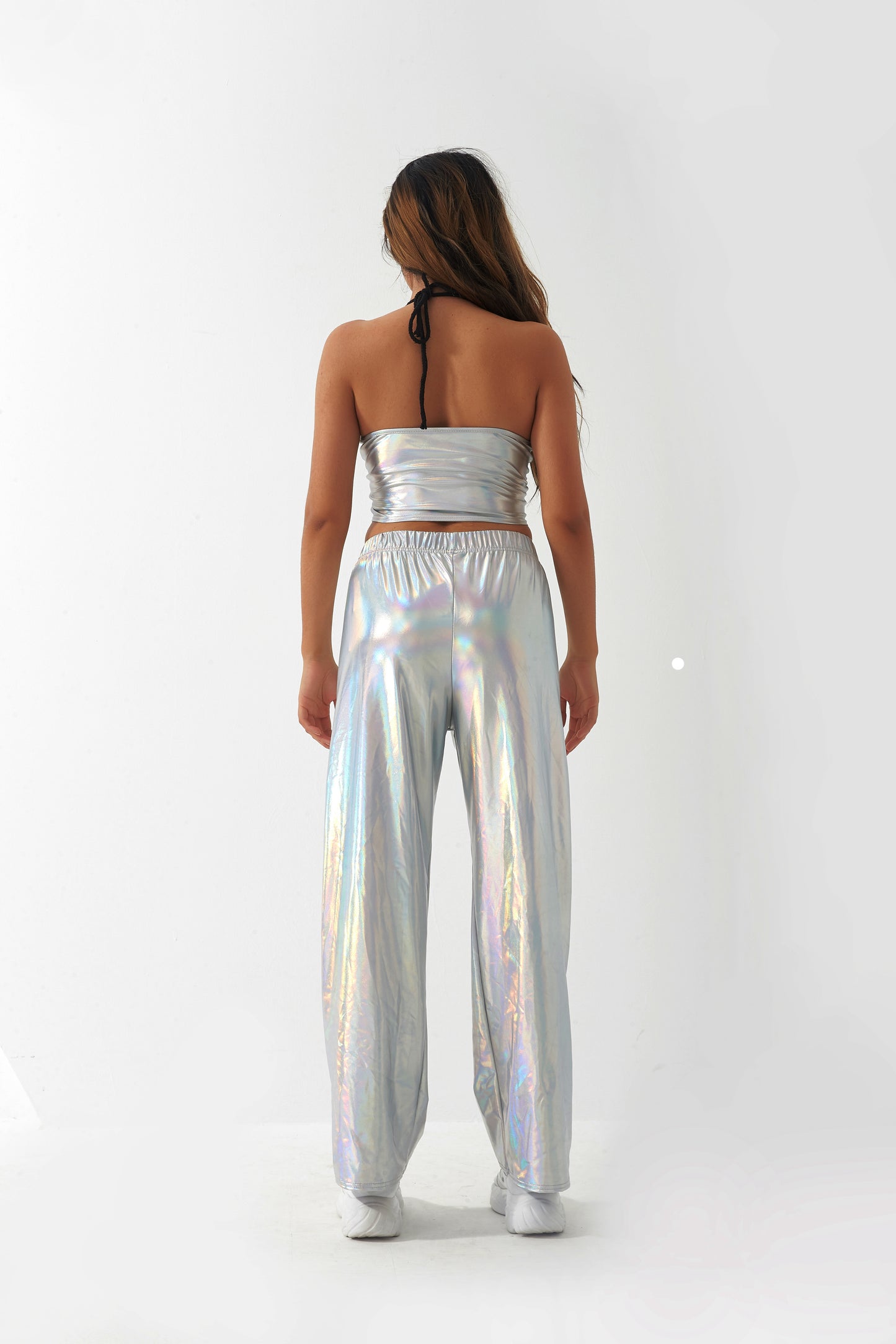 Pantalones casuales de tela con revestimiento metálico para mujer, diseño de calle, pantalones rectos de cintura alta con degradado láser Aurora, pantalones elásticos a juego.