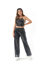 Pantalones casuales de tela con revestimiento metálico para mujer, diseño de calle, pantalones rectos de cintura alta con degradado láser Aurora, pantalones elásticos a juego.