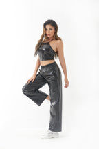 Pantalones casuales de tela con revestimiento metálico para mujer, diseño de calle, pantalones rectos de cintura alta con degradado láser Aurora, pantalones elásticos a juego.