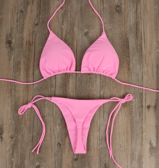Traje de baño de bikini de color sólido con tirantes, sexy, de tela de poliéster y almohadilla para el pecho.