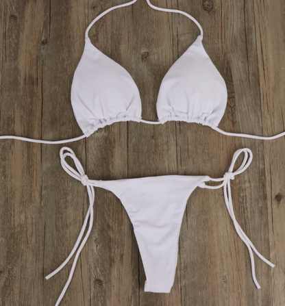 Traje de baño de bikini de color sólido con tirantes, sexy, de tela de poliéster y almohadilla para el pecho.