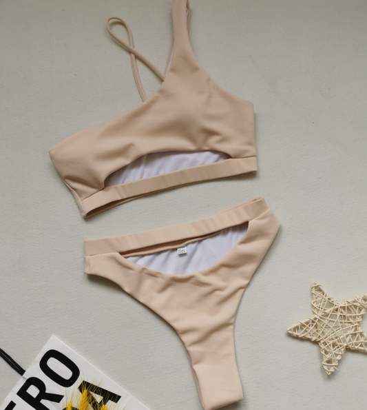 Traje de baño de color sólido con aberturas y un hombro para mujer, bikini de cintura alta dividida