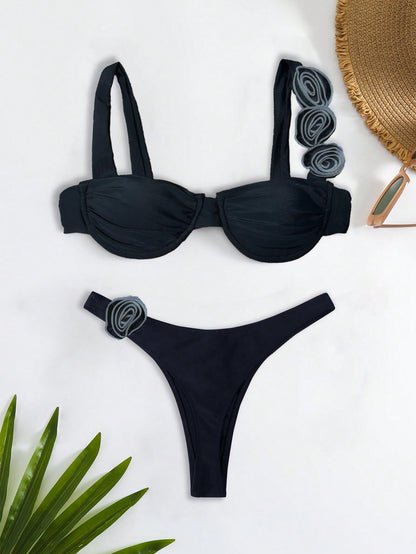 Traje de baño sexy de dos piezas con diseño de flores 3D y aro de acero de color sólido de Bikinx
