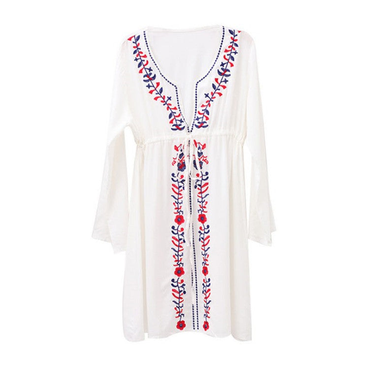 Vestido playero bordado sexy con escote en V profundo para vacaciones, protección solar, para bikini