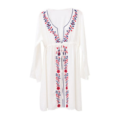Vestido playero bordado sexy con escote en V profundo para vacaciones, protección solar, para bikini
