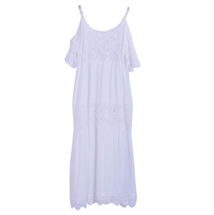 Rayon Stitching Lace Embroidery Beach Cover up Sexy Sling Dress Seaside Bikini Cover FlowWhite