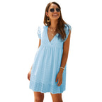 Office Women Clothing Summer V-neck Short SleeveLace Midi Dress Eyelet Embroidery CKK